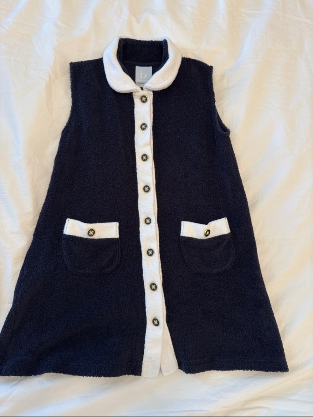 Bella bliss Navy Sleeveless Button Front Terry Dress with White Trim